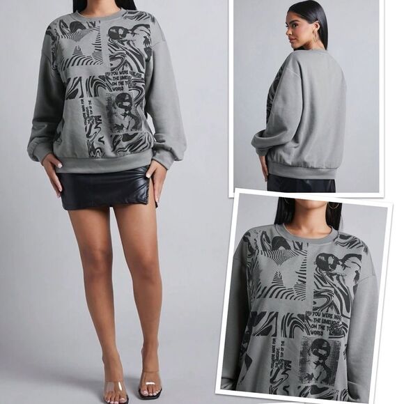 Figure Graphic Oversized Sweatshirt Gray and Black US 6Petite - Picture 1 of 11